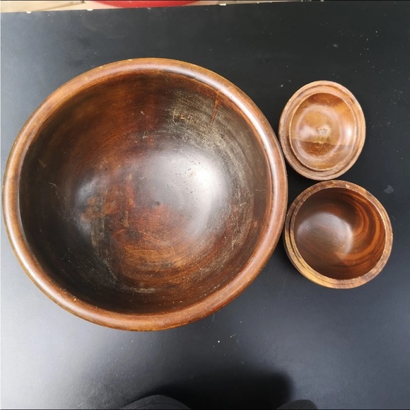 Vintage Wooden Fruit Painted Pedestal Bowl, 7.5" Tall and A Money Pod Wood Apple - Picture 7 of 9